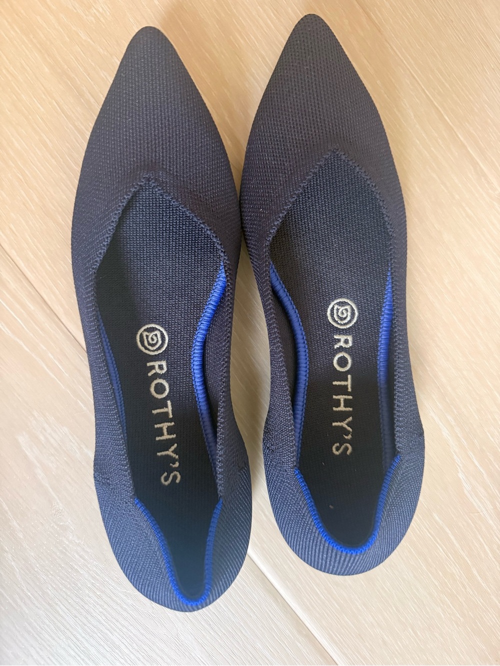 Rothy's Pointed Toe Flats in Dark Navy with Royal Trim